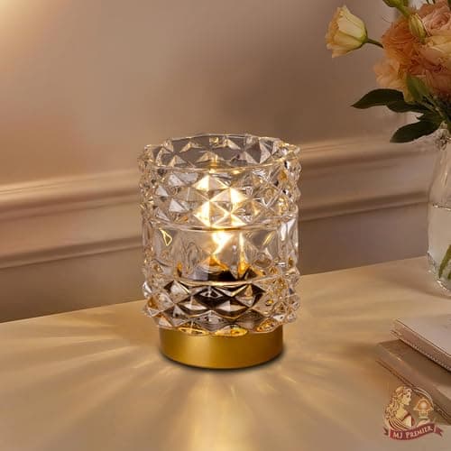 Image of MJ PREMIER Battery Operated Lamp, Crystal Glass Table Lamp with Timer, Cordless Battery Operated Lights, Mini Bedside Lamps, Decorative LED Desk Lamp for Bedroom Living Room, Clear
