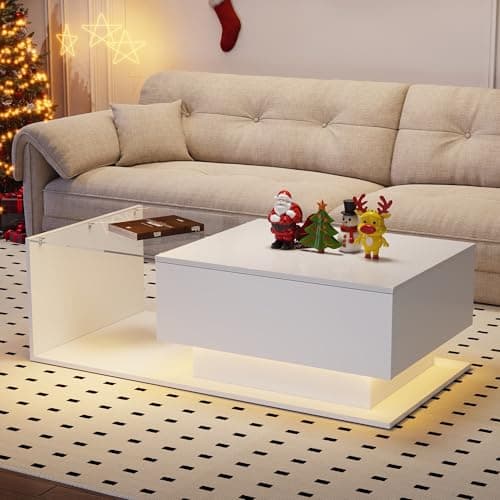 Image of Merax LED High Gloss Coffee Table with Storage, Sleek and Stylish Coffee Tables for Living Room featuring a Convenient Drawer and Spacious Compartment, Premium Tempered Glass, White, 100x50x32cm