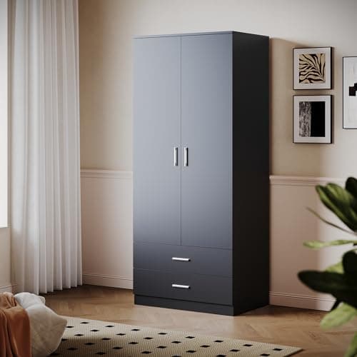 Image of ELEGANT 2 Door Wardrobes with Clothes Hanging Rail and 2 Drawers, Large Storage Unit Cabinet for Modern Bedroom Furniture, Black, 50D x 77W x 180H cm