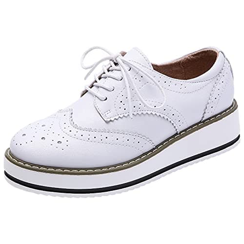 Image of ANUFER Women's Lace-Up Brogues Trainers Shoes Causal Platform Creepers White Matte SN02887 UK5
