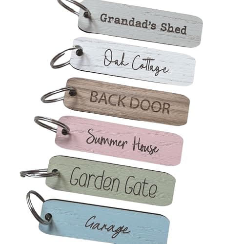 Image of Personalised Wooden Keyring, Custom Oak Key Fob with Painted Front, Blue, Pink, Off White, Taupe, Green or Natural Oak, Engraved Name Keyring for Shed, Door, Garage, Airbnb, Hotel Room, New Home Gift