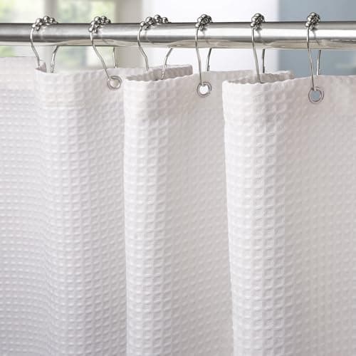 Image of VANZAVANZU Shower Curtain for Bathroom with Metal Hooks Waffle Fabric Shower Curtain Heavy Duty Bath Curtain for Wet Room Bathtub Shower Stall, Weighted Hem, Water Resistant - 182 x 182cm (White)