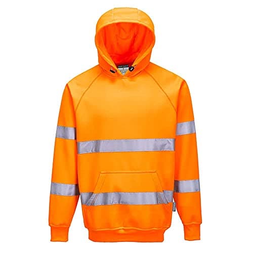Image of Portwest B304 Hi Vis Hoodie Mens EN ISO 20471 Class 3 Hooded Reflective Bio Motion Tape 40 Plus UPF Work Hoodies Polycotton 300g Brushed Back Kangaroo Pocket Warehouse Construction, Orange, XL