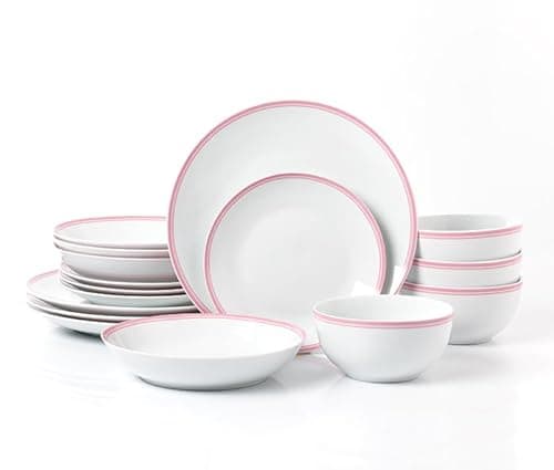 Image of Waterside - 16 Piece St Ives Stripe Dinner Set - Pink