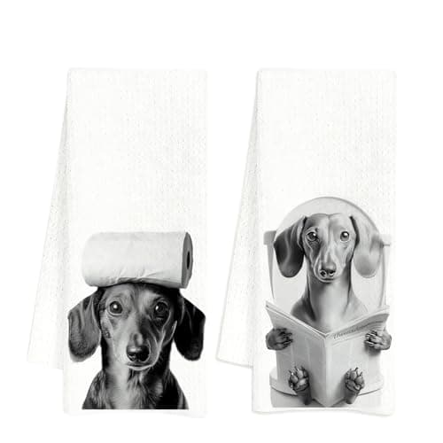 Image of Nodrex 2PCS Dachshund Tea Towels for Kitchen, Soft Microfibre Tea Towels, Cute Sausage Dog Dish Towels, White Dog Towel with Black-Gray Prints, 15.7 x 23.6 Inch，Handtücher Mit Dackelmuster
