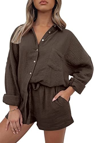 Image of AUTOMET 2 Piece Outfits For Women Lounge Sets Pajama Sets Long Sleeve Button Down Oversized Shirts And Shorts Fall Tracksuit, 01brown, S