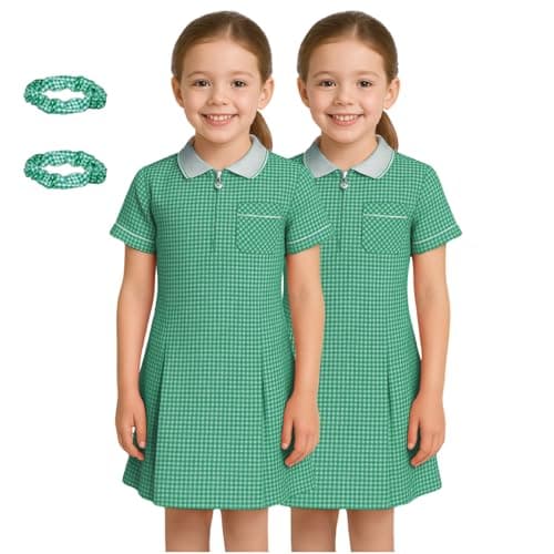 Image of SchoolStitch® Girls Gingham School Dress, Pack of 2 Kids Short Sleeve Zip Up Pleated Check Print Summer Dress with Side Pockets and Hair Bobble, School Uniform Girls Ages 3-20 Bottle Green