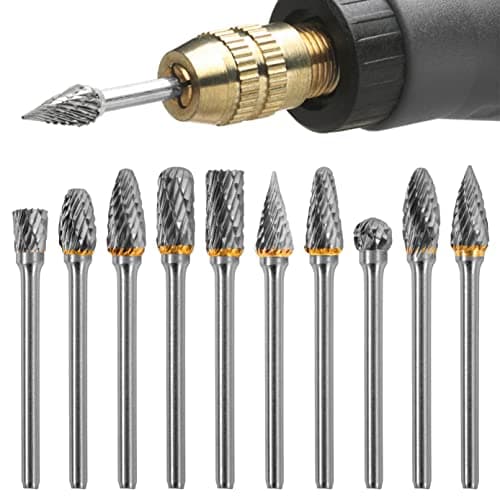 Image of BLOSTM Rotary Burrs Set - 10pcs Tungsten Carbide Die Grinder Bits for Rotary Tool, 1/8 Inches Shank, Wear Resistant Files for Metal, Polishing, Drilling, Carving Burrs for Wood - 10 PACK