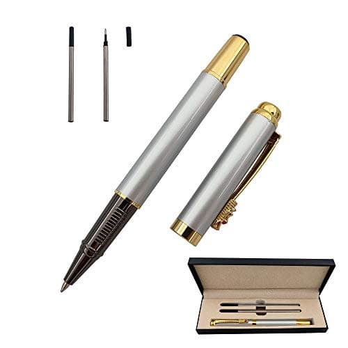 Image of Accod Fine Nib Rollerball Pen High-end Business Signature Pen Clip Black Ink Rollerball Pen with Two 0.5mm Replacement Refills Gift Premium Gift Box (Silver)