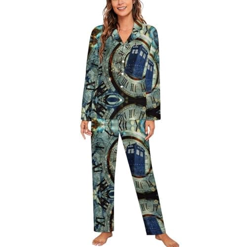 Image of Doctor Dr Who Police Box Mice Women's Pajamas Set Button Down Long Sleeve Shirt And Bottom Loungewear