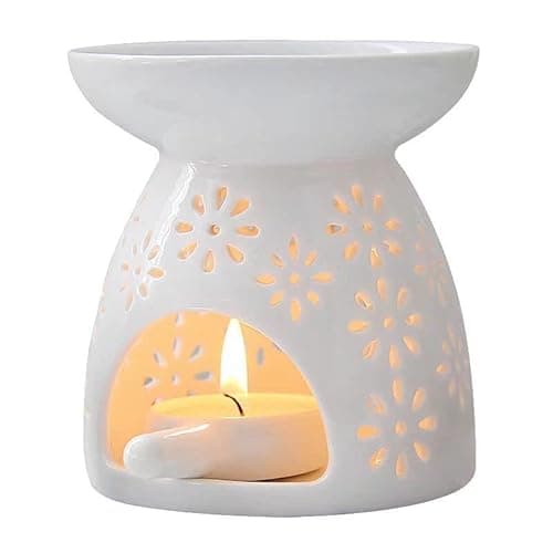 Image of ZEEWIZZ !BIG SIZE! 9.8 x 9.8 x 11.5 cms Wax Melt EssentialOil Burner White -Star Pattern, Ceramic Aroma Burners Assorted Wax Warm Aromatherapy Holder Candle Scented Diffuser Home Bedroom