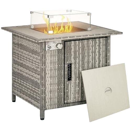 Image of Outsunny Rattan Gas Fire Pit Table, 14.5 KW Square Smokeless Propane Gas Fire Pit with Rain Cover, Wind Guard, Lid, Spark Guard Mesh, Lava Rocks, Outdoor Garden Dining Table with Heater, Grey