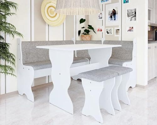 Image of FURNIPOL THOMAS Kitchen Corner Set – with Storage, Universal Side (Left Right) L‑Shaped Breakfast Bench + Table & 2 Stools, Self‑Assembly - White/Grey