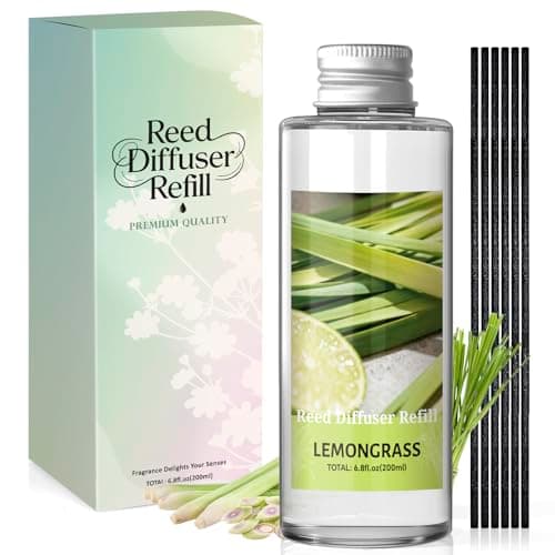 Image of Scent-Hi Reed Diffuser Refill 200ml, Lemongrass Scented Refill with 6 Reed Sticks, Long-Lasting Home Fragrance Decor for Living Room, Bedroom, Office