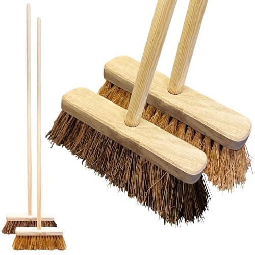 Image of Twin Pack Garden Broom Outdoor Heavy Duty - Stiff Yard Brush Bassine and Soft Bristle Broom Coco - Yard Brush Heavy Duty Outdoor for Dual Purpose Cleaning, Easy Assembly, 120cm Wooden Handle