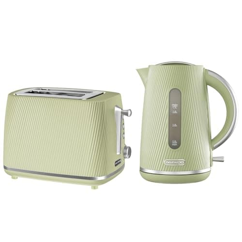 Image of Daewoo Cascade Kettle & Toaster Set – 1.7L Rapid Boil Electric Kettle & 2 Slice Toaster Bundle – Sage Ribbed Finish, Adjustable Browning, Reheat & Defrost, Removable Crumb Tray, Limescale Filter