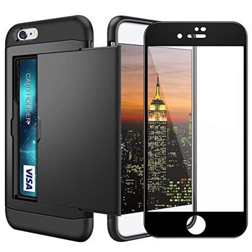 Image of Coolden for iPhone 6S Case Card Holder Slot Case with [Tempered Glass Screen Protector ] iPhone 6S Wallet Case Shockproof Case Rubber Bumper Protective Phone Case Cover for iPhone 6/6S (Black)