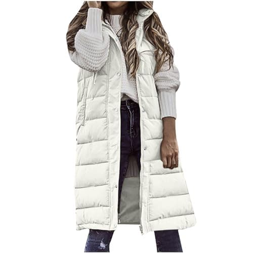 Image of Women Hooded Padded Gilet Longline Quilted Jacket Sleeveless Bodywarmer Padded Vest Jacket Winter Warm Outwear With Pocket Thermal Puffer Gilet Coats Winter Jackets for Women UK Sale Clearance