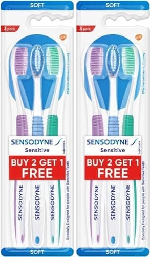 Image of Sensodyne Sensitive Soft Toothbrush 6 Pack – 2 Packs of Three – Gentle for Sensitive Teeth & Gums – Soft Bristles, Oval Head, Slim Neck, Comfortable Grip – 3 Assorted Colours