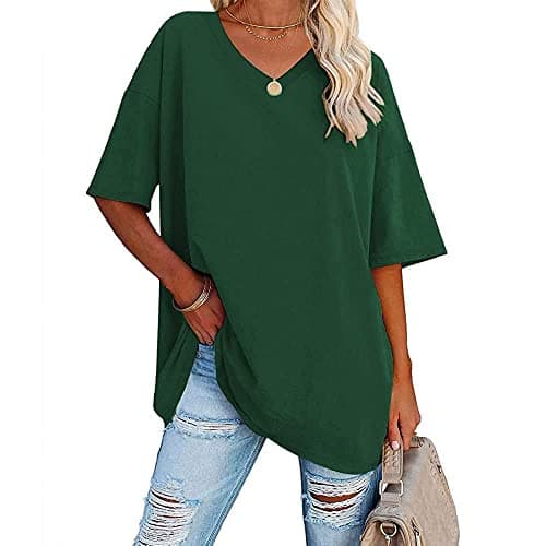 Image of Famulily Women's Basic Tee Tops Soft Cotton V Neck Half Sleeve Baseball T Shirt Tunic Tops (XL, Green)