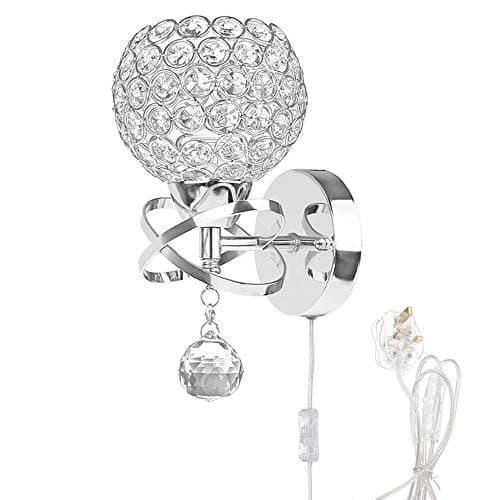 Image of WeFoonLo Round Modern Crystal Wall Light Chrome Finish Bedroom Wall Sconce Lighting Fixture with Switch and Plug, E27 Socket