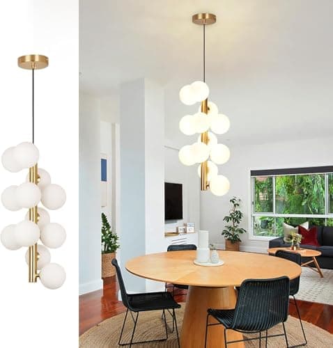 Image of Depuley Mid Century Chandelier: Gold Modern Sputnik Chandelier 12-Light Globe Chandeliers for Dining Room - Linear White Glass Ball Sputnik Ceiling Light Fixture(Included G9 Bulb)