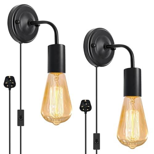Image of 2 Pack Plug in Wall Lights for Bedroom with Switch and 180CM Cable, E27 Base, Indoor Plug in Bedside Wall Light, Metal Wall Sconce, Vintage Industrial Wall Lamp for Living Room, Black(No Bulb)