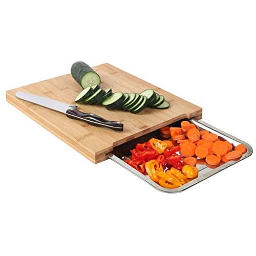 Image of Taylor & Brown Bamboo Organic Wooden Chopping Board Cutting Slicing with Sliding Stainless Steel Tray for Food Prep, Meat, Vegetables & Bread, 35cm x 24cm x 4cm