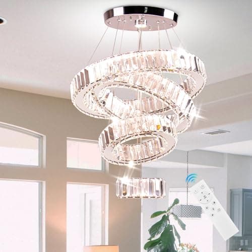 Image of FRIXCHUR 4 Ring Dimmable LED Crystal Chandelier Ceiling Light Modern Adjustable Pendant for Living Room Dining Room Bedroom