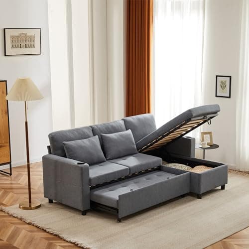 Image of Miyemo 3 Seater Sofa Bed with Storage, 3-In-1 Convertible Corner Sofa Bed with Cup Holders & Magazine Pockets, L Shaped Sofa for Living Room, Office, Grey