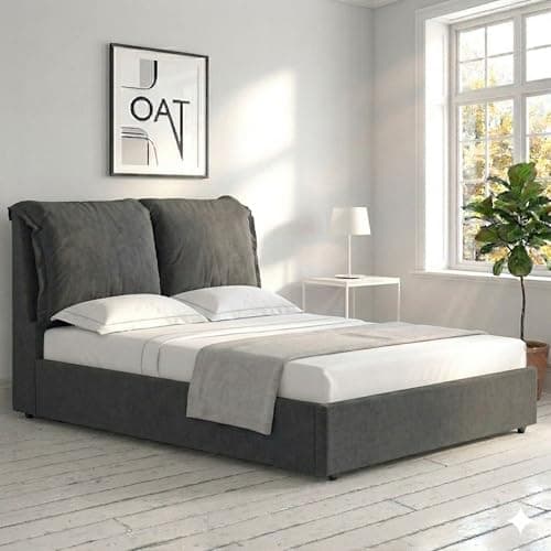 Image of OAT Home Chester Ottoman Storage Bed Frame Charcoal Grey/Natural - Double/King Size - Pillow Headboard Design (Charcoal Grey, Double)