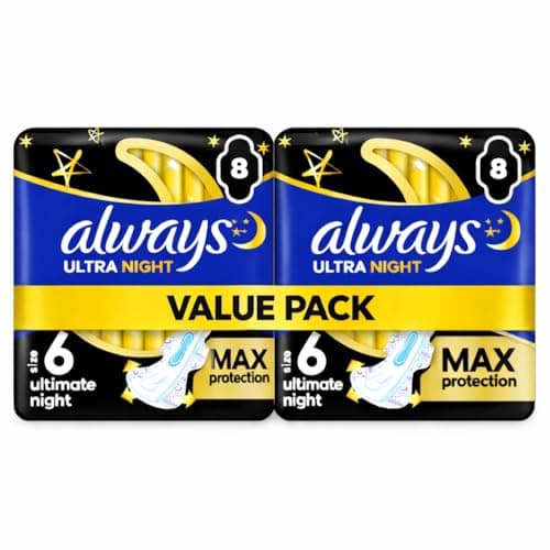 Image of Always Sanitary Towels Ultimate Night with Wings - 16 Pads (Pack of 2 x 8) Overnight Protection for Heavy Flow with Secure Attachment to Prevent Leakage Continuous Dryness During Sleep