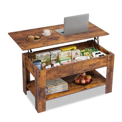 Image of WLIVE 98cm Lift Up Coffee Table with Storage & Hidden Compartment - MDF Top, Solid Wood Legs, Quiet Lift Mechanism, Quick Assembly for Living Room, Rustic Oak