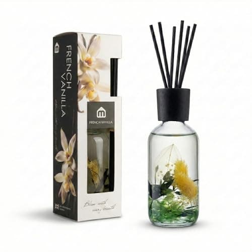 Image of Mavere French Vanilla Reed Diffuser 250ml - Real Dried Botanicals - Long Lasting Home Fragrance for Bedroom, Living Room & Bathroom - Decorative Glass Bottle - 6 Black Reeds - UK Designed