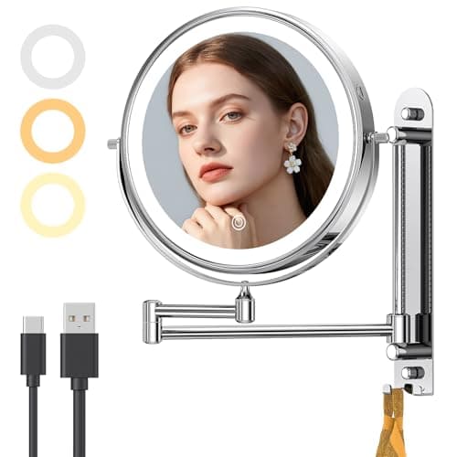 Image of Gospire 9” Wall Mounted Lighted Makeup Mirror with Magnification 10X, 7in Height Adjustable Vanity Lighted Mirrors for Bathroom Wall, 360° Extended Arm Shaving Wall Mirror with Lights - Chrome