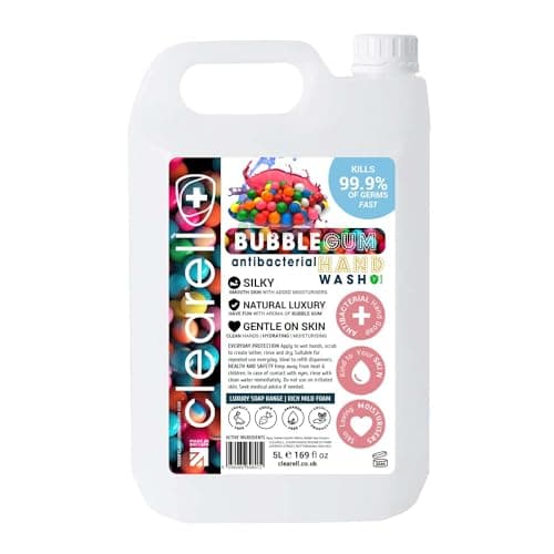 Image of Clearell BUBBLE GUM 5L Hand Soap Liquid Wash 5 Litres Refill, Antibacterial Fragranced Hydrating Skin & Body Wash Gel for Soft and Sensitive Skin Care - 100% Vegan & Cruelty Free