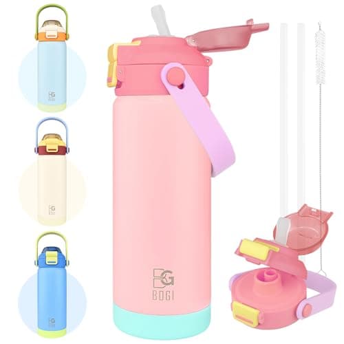 Image of BOGI Metal Water Bottle with Straw, 720ml Stainless Steel Water Bottle for Sports Travel Gym Leak Proof Insulated Water Bottle with 2-in-1 Duo Lid for Boys Girls Keep Drinks 12h Hot & 24h Cold | Pink