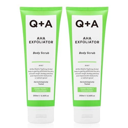 Image of Q+A AHA Exfoliator Body Scrub (250ml x 2), Exfoliating Body Scrub with AHA and Lactic & Glycolic Acid, Smooths Rough Dry Skin, Brightens & Hydrates, Vanilla & Coconut Scent