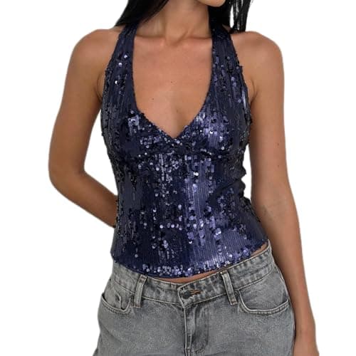 Image of YILEEGOO Women's Sequin Top V Neck Sleeveless Sparkle Camisole Glitter Tanks Tops Shimmer Going Out Cami Club Party Vest (Z3-Navy Blue, M)