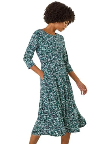 Image of Roman Originals Midi Dress with Pockets for Women UK Ladies Stretchy Jersey Maxi Long 3/4 Length Sleeve Gathered High Waist Boho Flattering Skater Swing Fit Flare - Abstract Green - Size 18