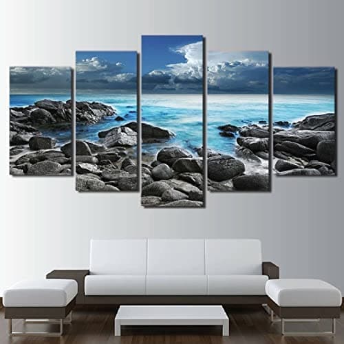 Image of Canvas Wall Art 5 Pieces Canvas Painting Beach Ocean Rocks 5 Piece Modern Canvas Artwork Pictures Paintings On Canvas Wall Art For Living Room Home Decor Festival Gift 200×100 Cm -2W4Z+Q4T