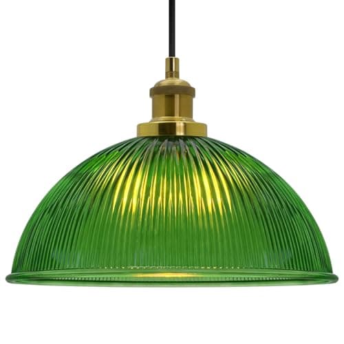 Image of Brass Pendant Light Fixture Ribbed Glass Green Ceiling Lamp Shade Retro Island Lights K446