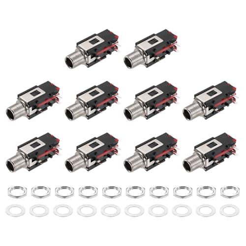 Image of sourcing map 2pcs 1/4" 6.35mm Stereo Audio Jack, 50V 3 Pin Female PCB Mount Jack Video Connectors Stereo Headphone Socket with Nuts&Spacer for Headphone, Speaker, Car Audio, 36x17x13mm