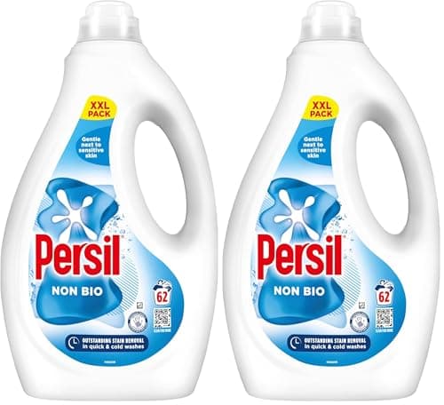 Image of Persil Non Bio Laundry Washing Liquid Detergent outstanding stain removal in quick & cold washes tough on stains, gentle next to sensitive skin 62 washes (1.674 L) (Pack of 2)