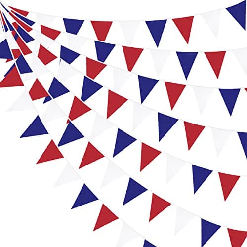 Image of 32Ft Red Blue White Bunting Banner Party Decorations Union Jack Fabric Pennant Coronation Triangle Flag Garland for Jolily Outdoor Sporting Event Royal Theme French USA July 4th Patriotic National Day