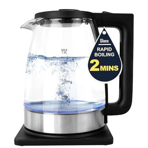 Image of WatiHomic Electric Kettle, 1.8L Glass Kettle with Blue LED, 1800W Cordless Kettles, Fast Boil Quiet Kettles, Boil-Dry Protection, Auto Shut-Off, Easy Clean, BPA Free, Stainless Steel Water Tea Kettle
