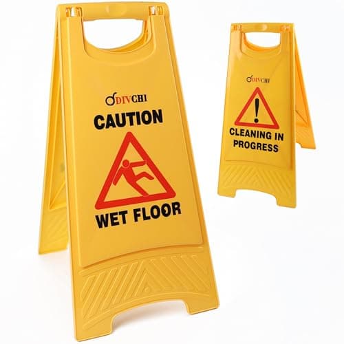 Image of DIVCHI Warning Caution Wet Floor Sign Yellow - Cleaning In Progress Floor Sign Printed On The Other Side – Mini Wet Floor Sign Ideal For Commercial Business Use