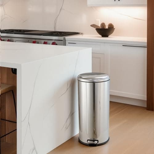 Image of Panana 30L Large Round Kitchen Bin, Tall Slim Stainless Steel Cylindrical Pedal Bin,Retro Style Bins for Kitchen (Silver)