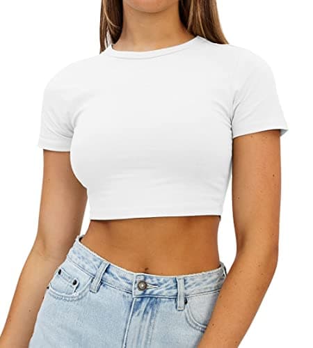 Image of AirMood Womens Crop Summer Tee Tops Short Sleeve Casual Cropped Tshirt (White,XL)