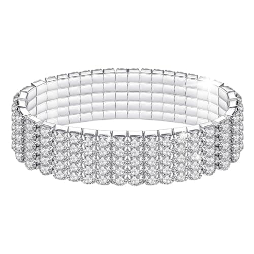 Image of Kucheed Rhinestone Stretch Bracelets, Twinkle Diamond Tennis Bangle, Silver Bling Crystal Bridal Stackable Bracelet Jewelry, Shining Wedding Party Elastic Band Bracelet for Women (Silver)